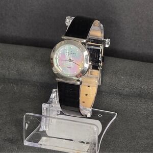 Skagen Denmark Watch Women OS Black Mother of Pearl Dial Leather Band 107SSLDDA